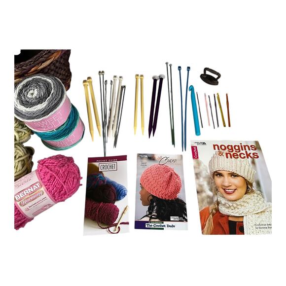 Complete Yarn & Crochet Bundle with Basket – Hooks, Needles, Books & Yarn Lot - Picture 2 of 9